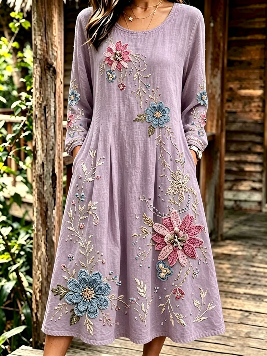 Women'S Round Retro Floral Cotton Linen Long Sleeved Dress