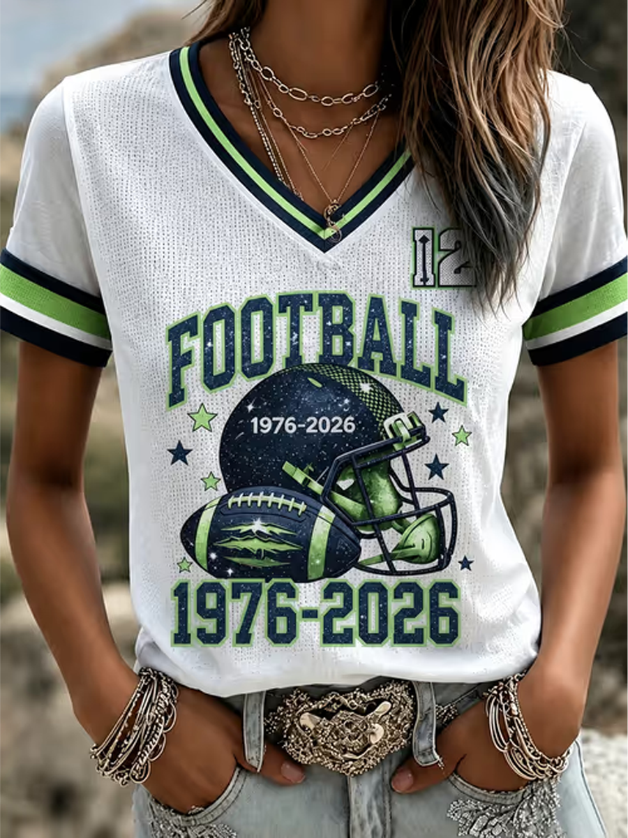 Women's Football Fan Printed Print Casual V-Neck Tee