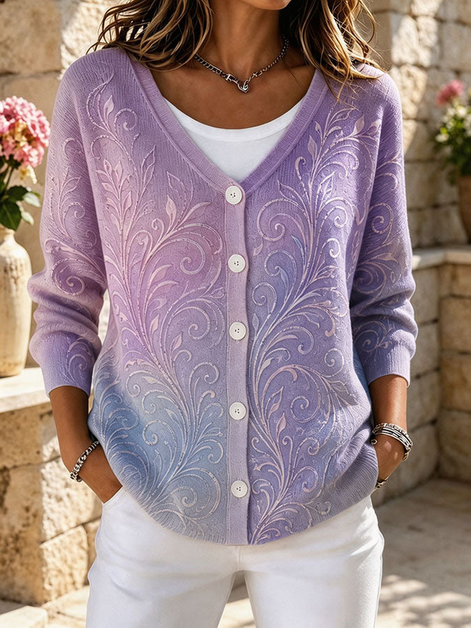 Women's Gradient Scroll Floral V Neck Knit Cardigan