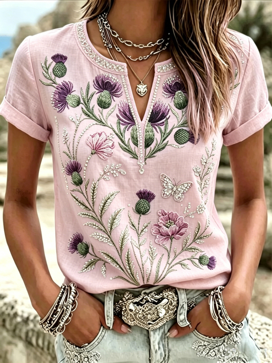 Women's casual cotton and linen short sleeved shirt