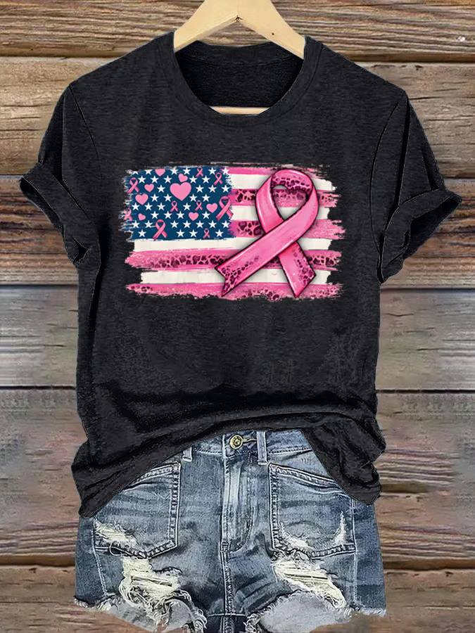 Women's breast cancer US flag T-shirt