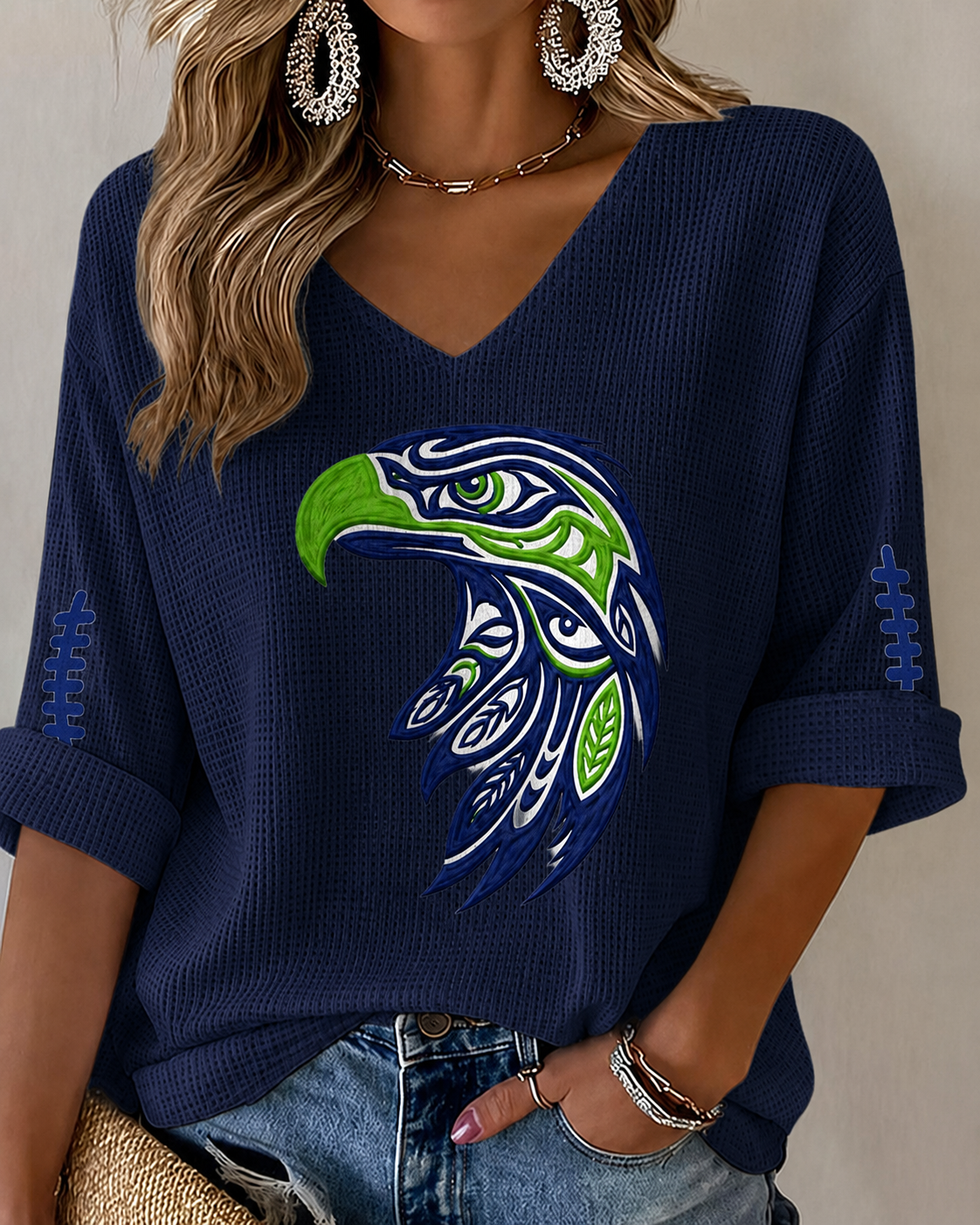 Women'S Seattle Football Vintage Fashion Printed Waffle T-Shirt