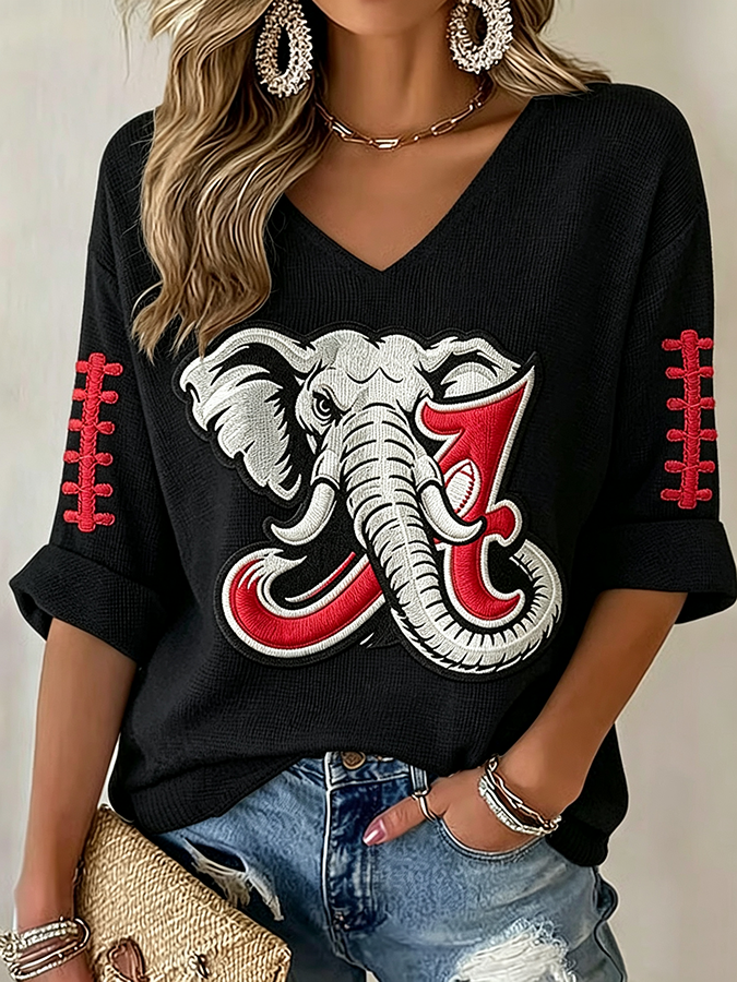 Women'S Rugby Patterned Waffle V-Neck Top