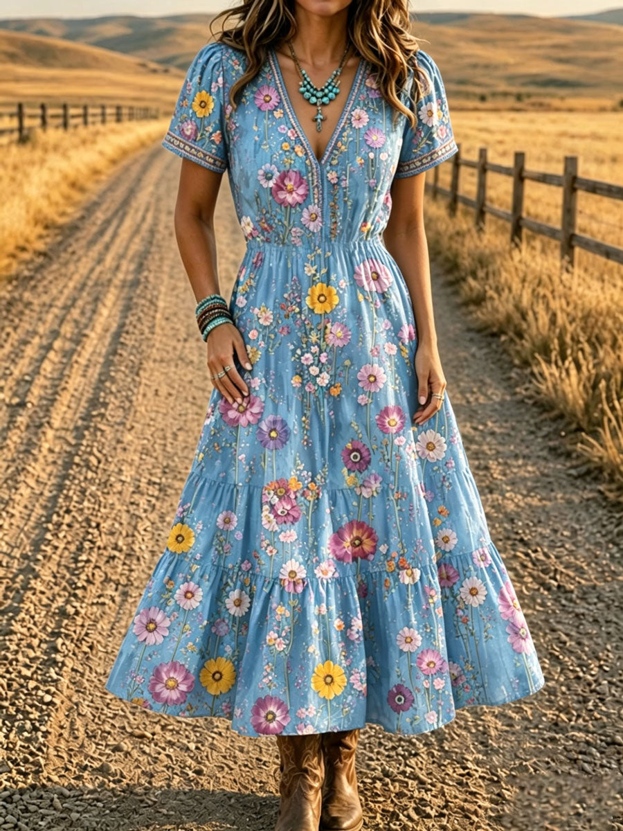 Women'S Western Style V-Neck Short Sleeved Floral Pattern Dress