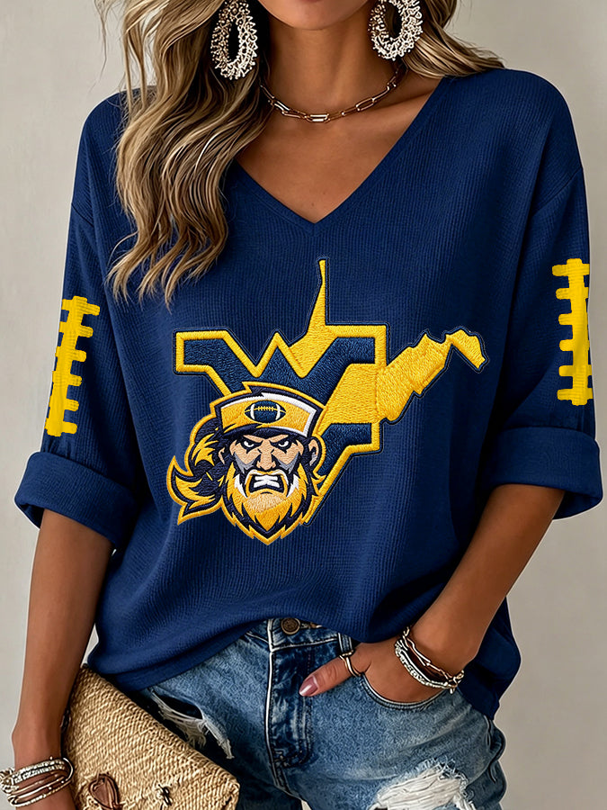 Women'S Rugby Patterned Waffle V-Neck Top