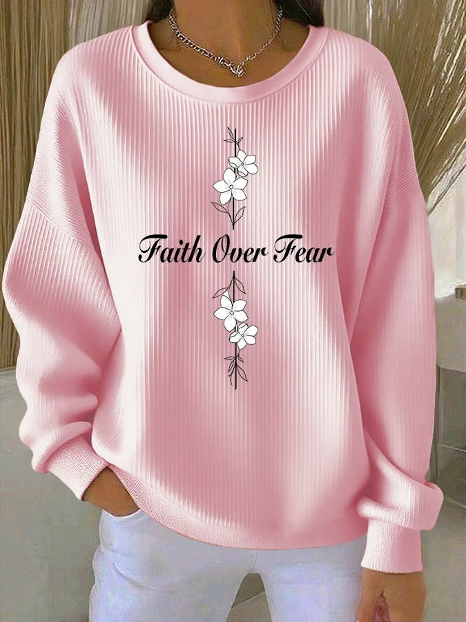 Ladies' Casual Faith Floral Print Round Neck Long Sleeved Knitted Sweatshirt