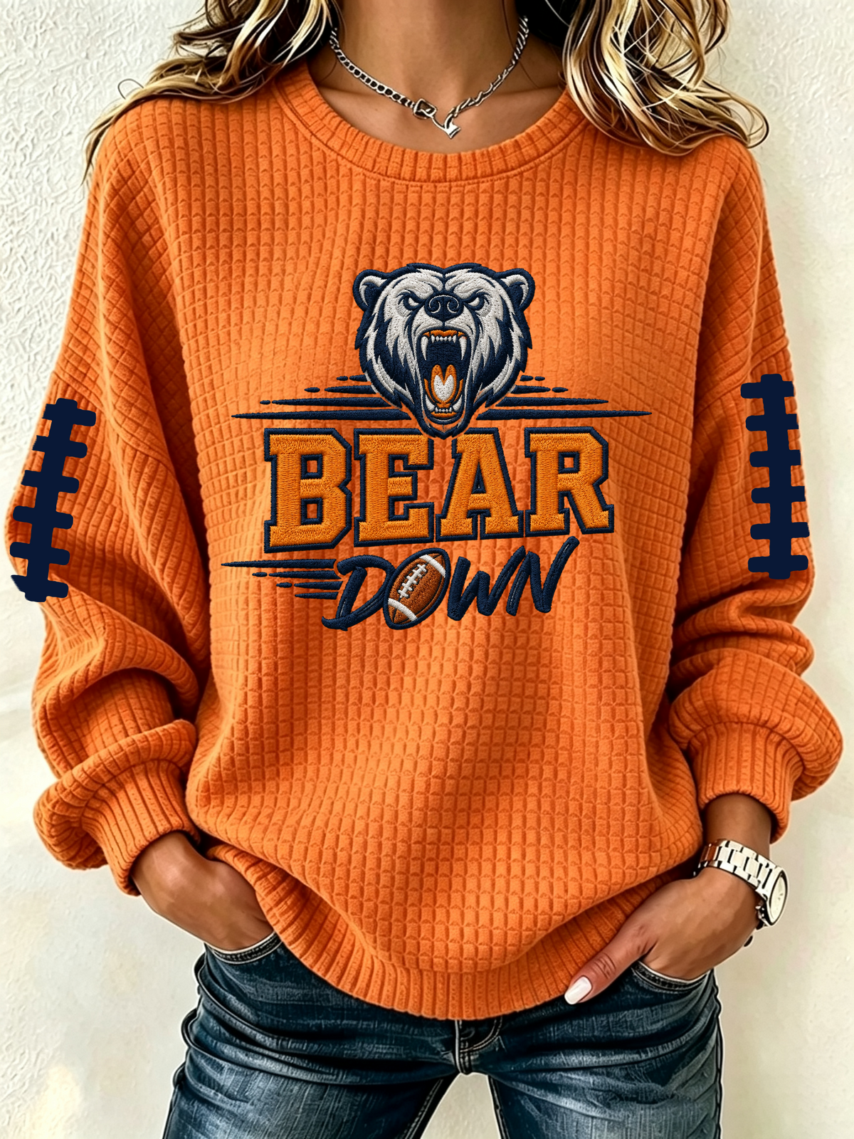 Women's football fan waffle long sleeved round neck sports shirt