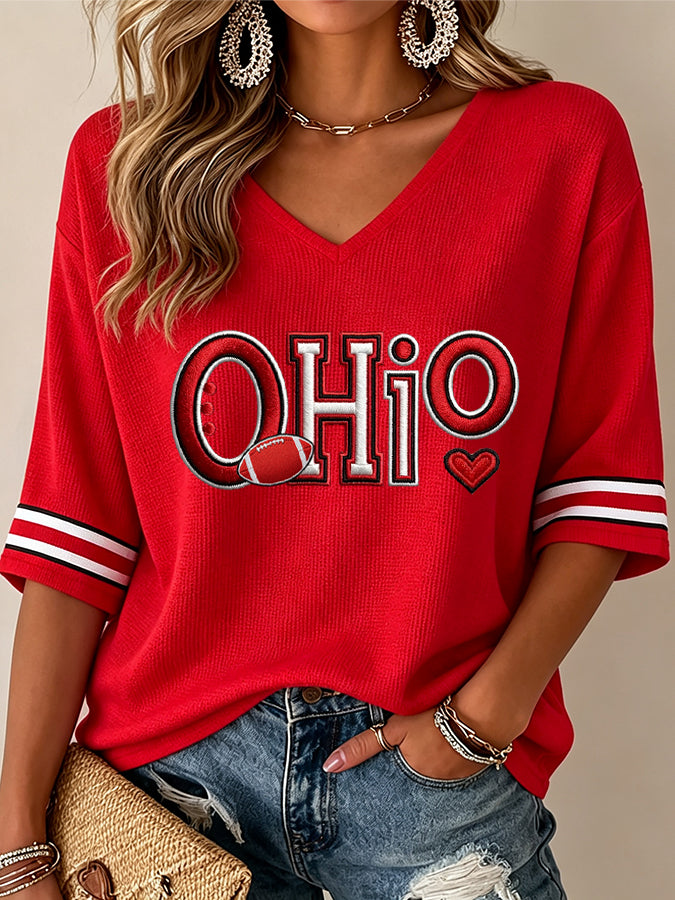 Women'S College Rugby Printed Waffle V-Neck Top