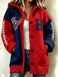 Women'S Football Print Casual Hooded Long Cardigan