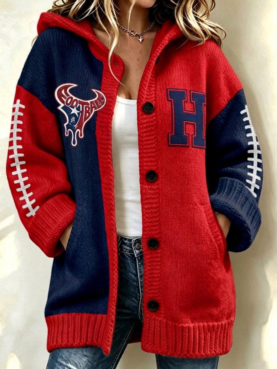 Women'S Football Print Casual Hooded Long Cardigan