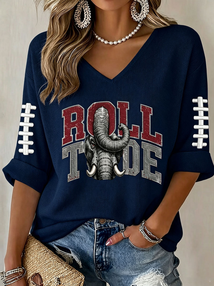 Women'S Rugby Patterned Waffle V-Neck Top