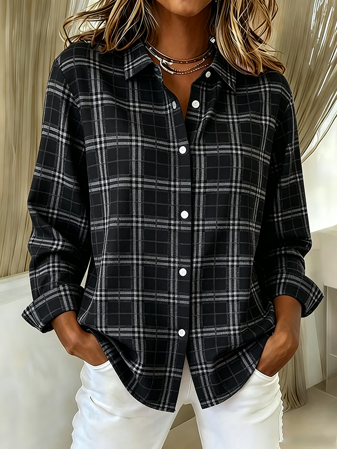 Women's Plaid Print Lapel Long Sleeve Shirt