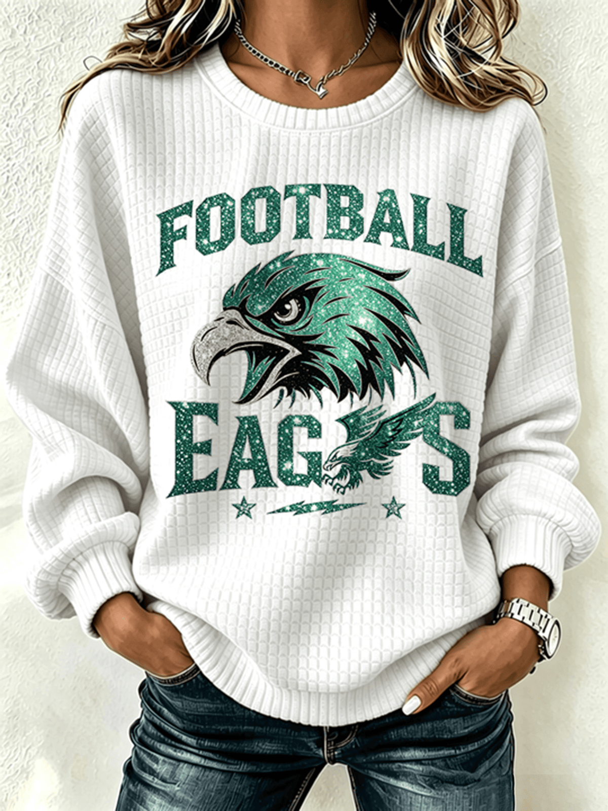 Women'S Casual Football Printed Round Neck Pullover