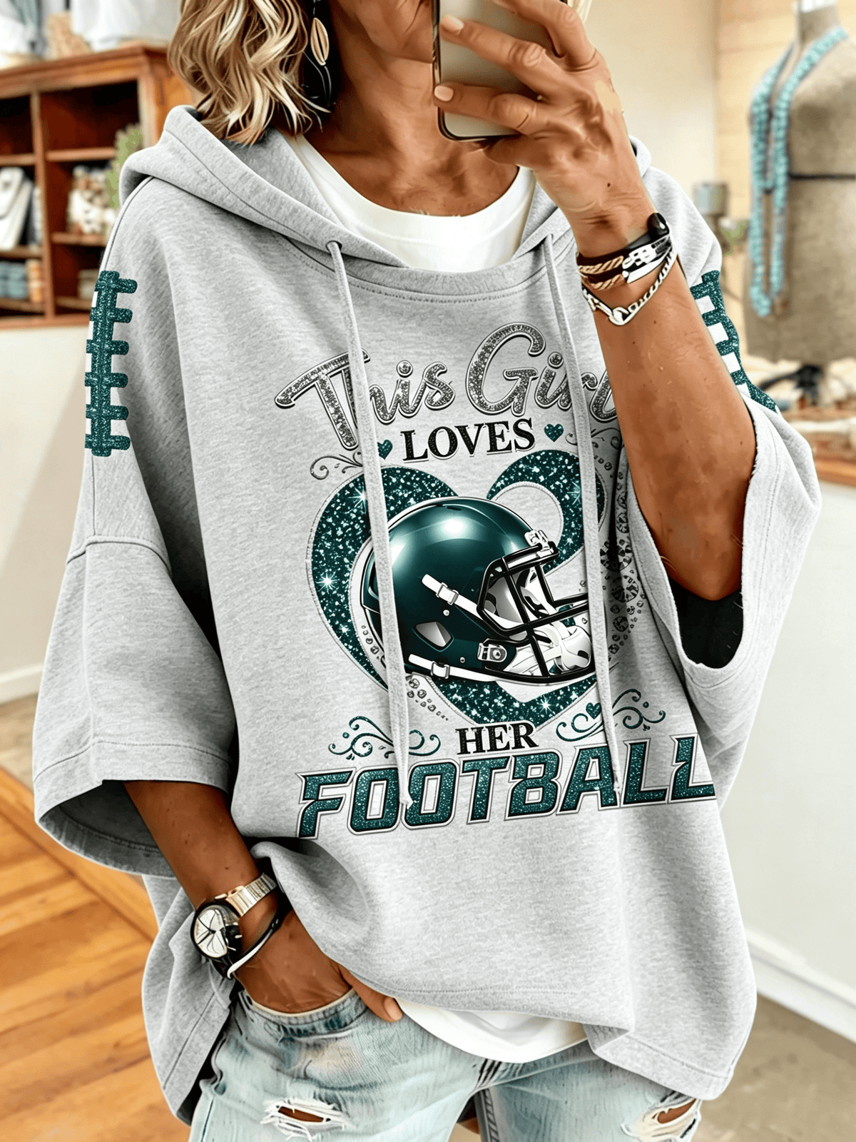 Women'S Retro Football Printed Hoodie