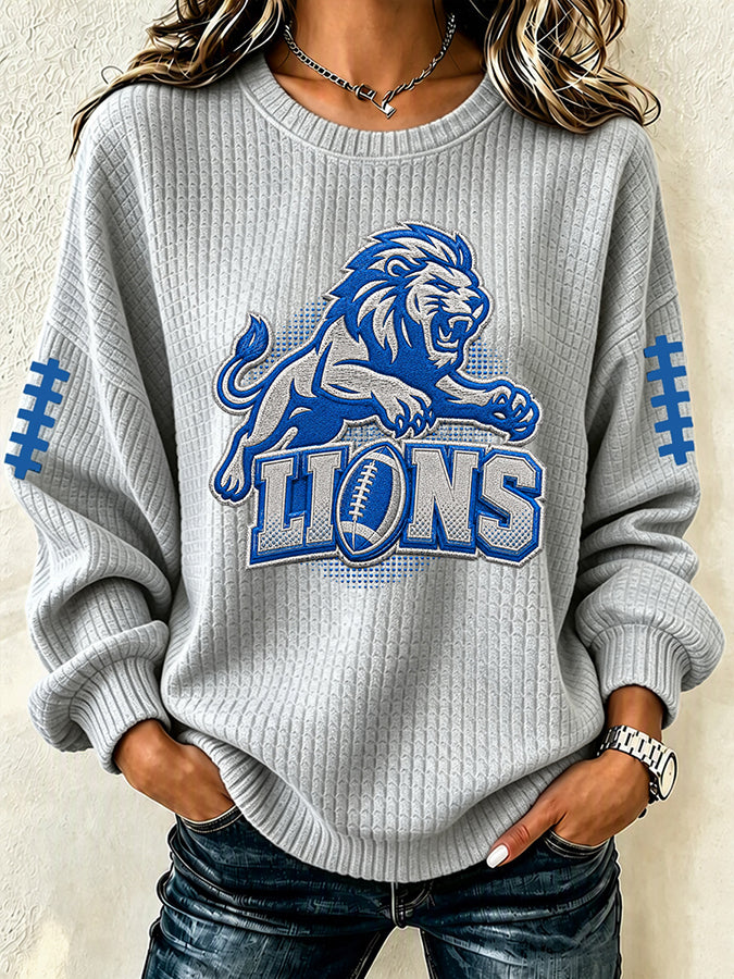 Women'S Football Print Waffle Long Sleeved Round Neck Sweatshirt
