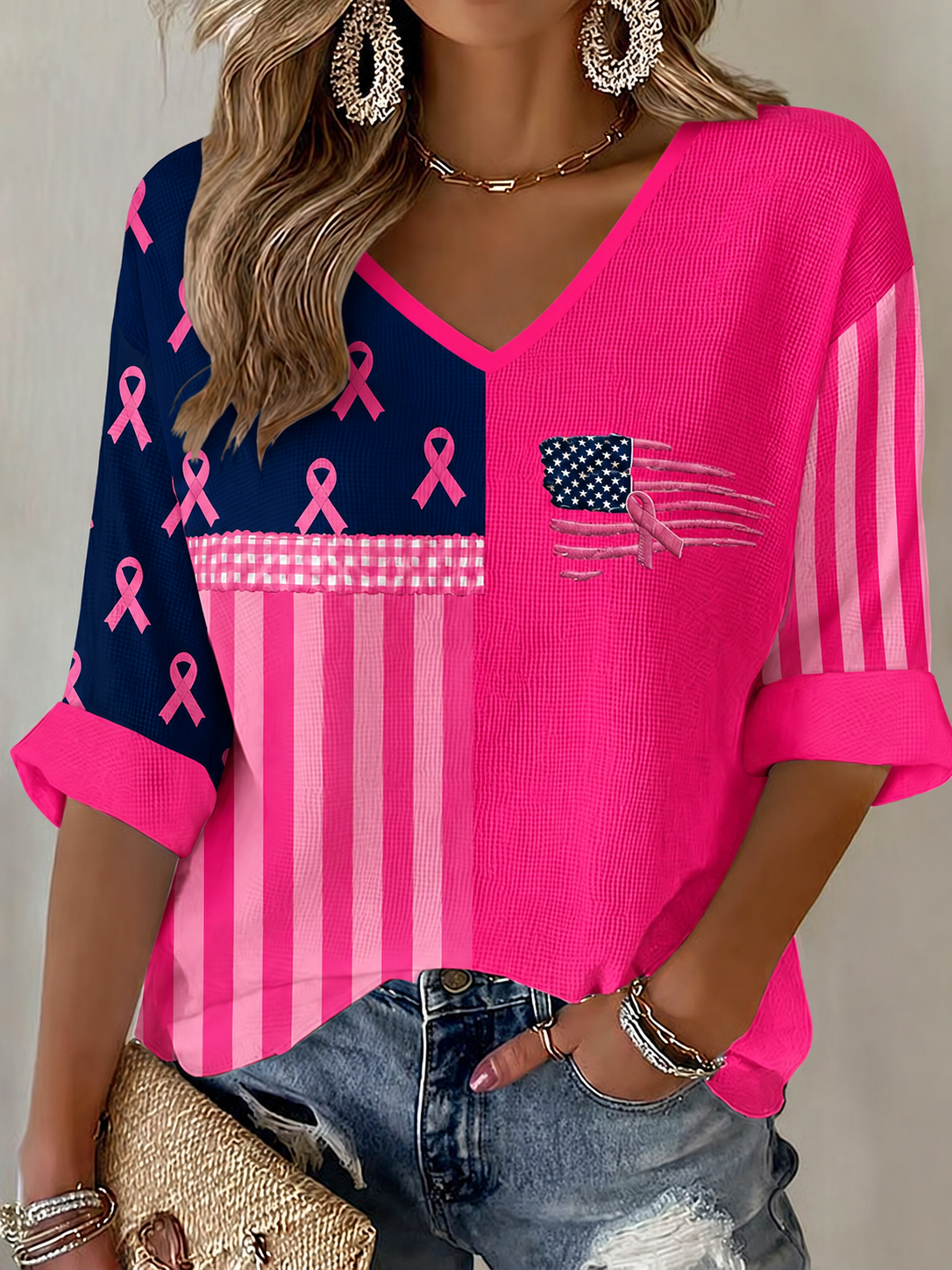 Women'S National Flag Breast Cancer Awareness Propaganda Printed Casual T-Shirt