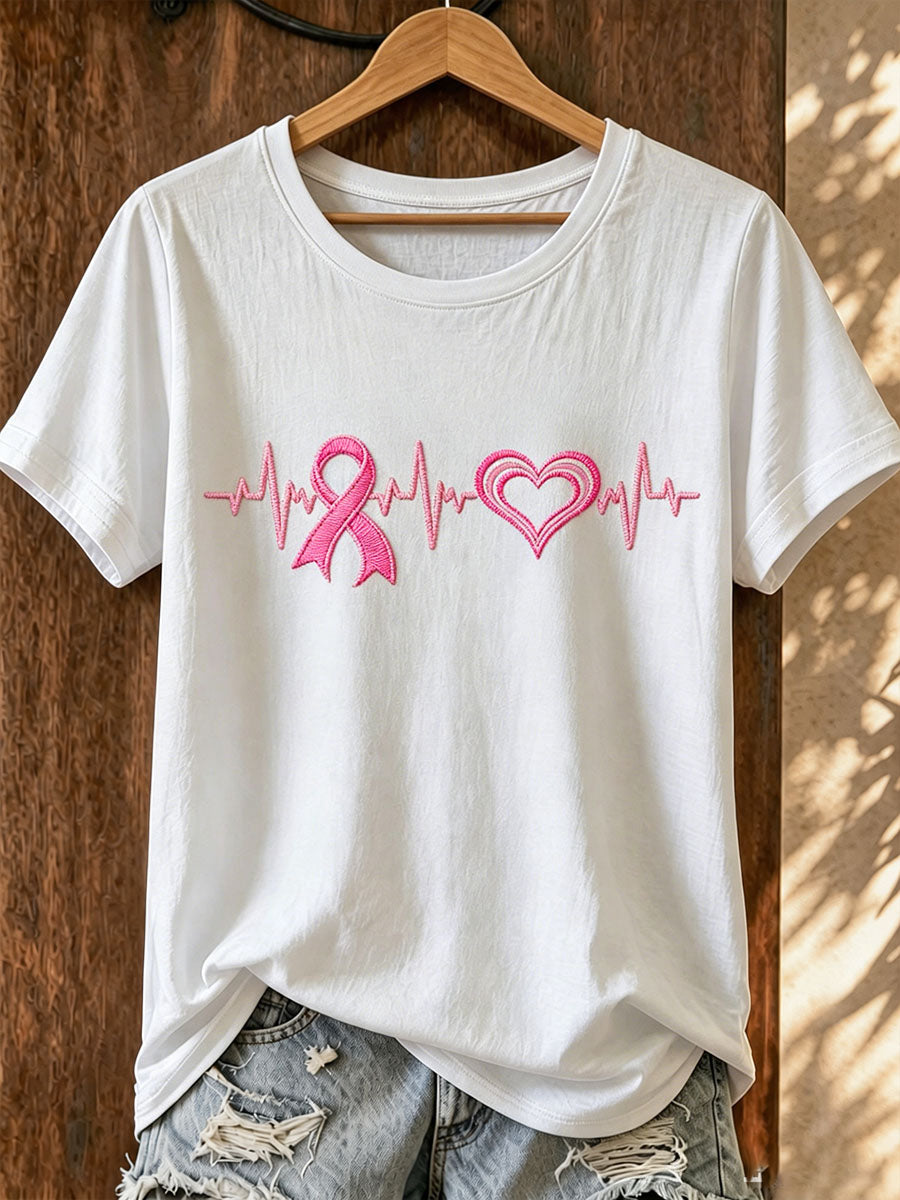 Women's Simple Pink Ribbon Love Embroidered T-Shirt