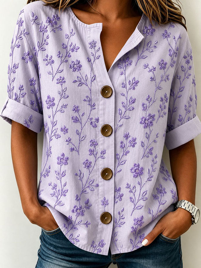 Women's Lavender Floral Embroidery Short Sleeve Linen Blend Shirt