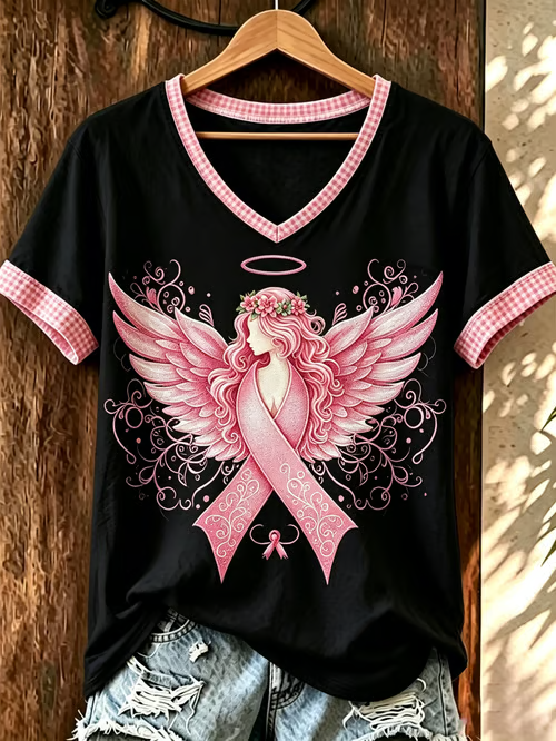 Women'S Pink Art Printed V-Neck T-Shirt