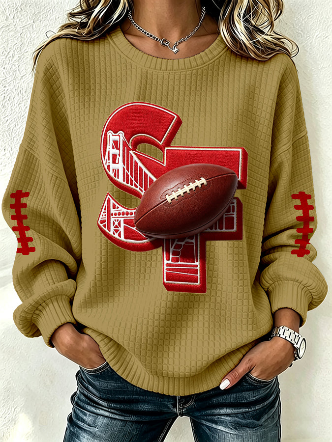 Women'S Football Print Waffle Long Sleeved Round Neck Sweatshirt
