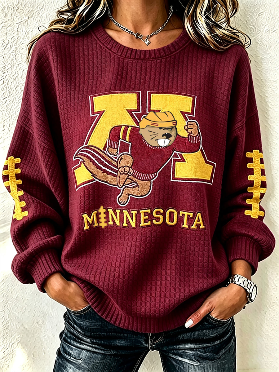 Women'S Football Fan Waffle Long Sleeved Round Neck Sweatshirt
