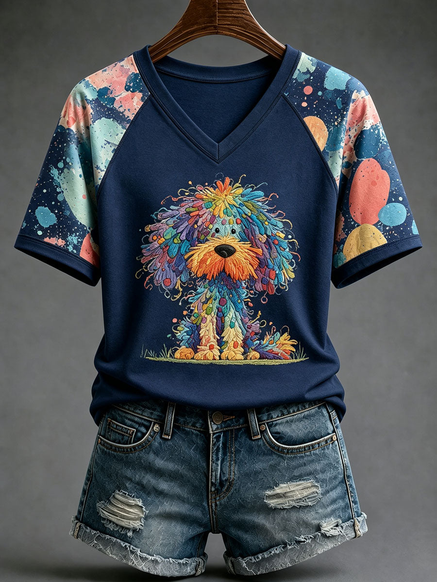 Ladies' Cute Dog V-Neck Casual T-Shirt
