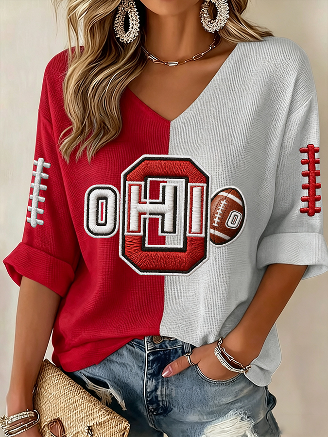 Women'S College Rugby Printed Waffle V-Neck Top