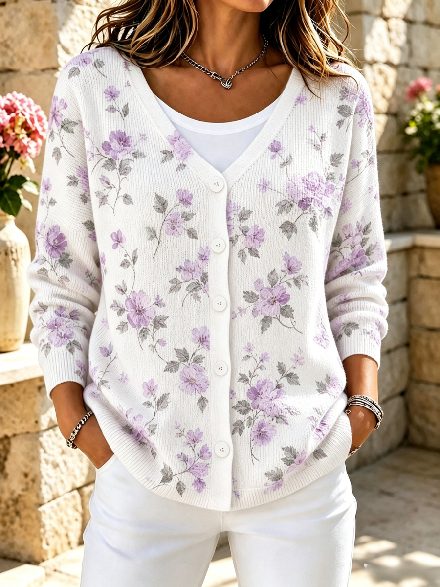 Women's Casual Plant Flower Long Sleeved Cardigan