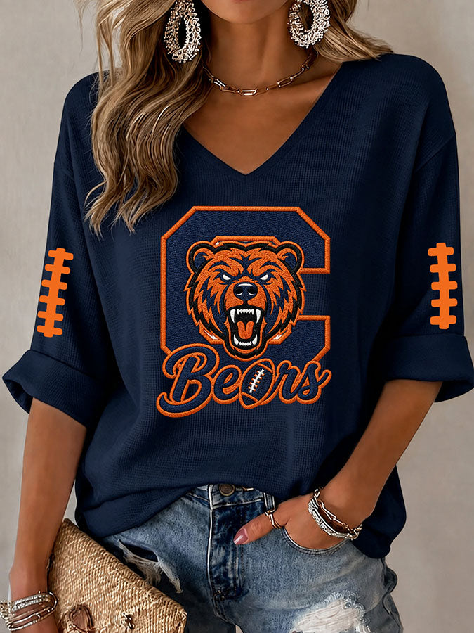 Women'S Rugby Printed Waffle Long Sleeve T-Shirt