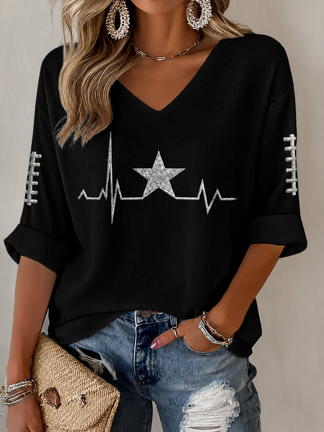 Women'S Football Printed Mid Sleeve V-Neck T-Shirt