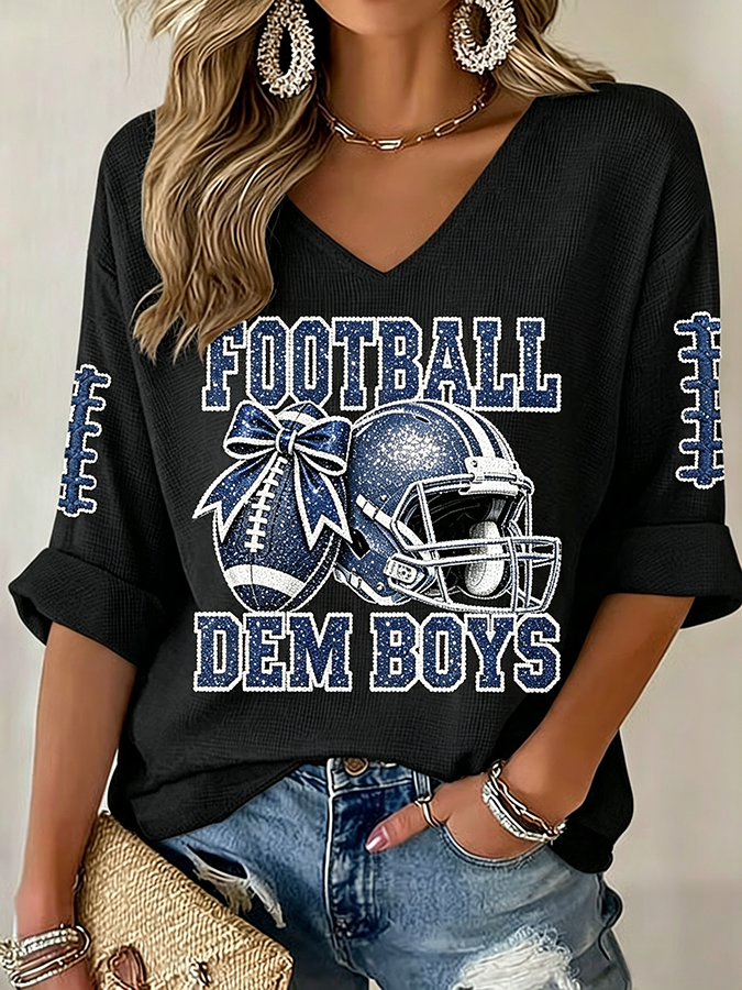 Women'S Rugby Patterned Waffle V-Neck Top