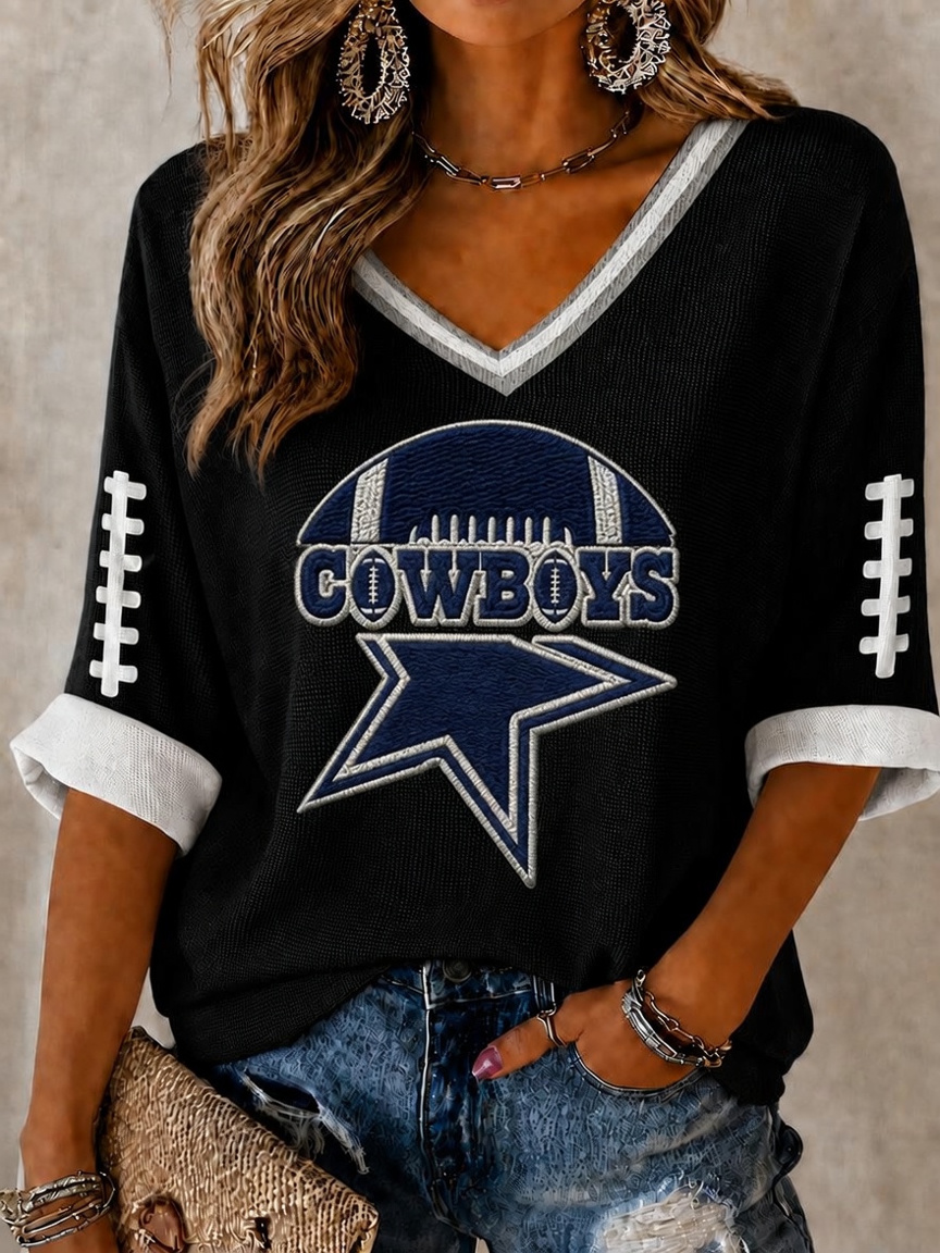 Women'S Football Printed Mid Sleeve V-Neck T-Shirt