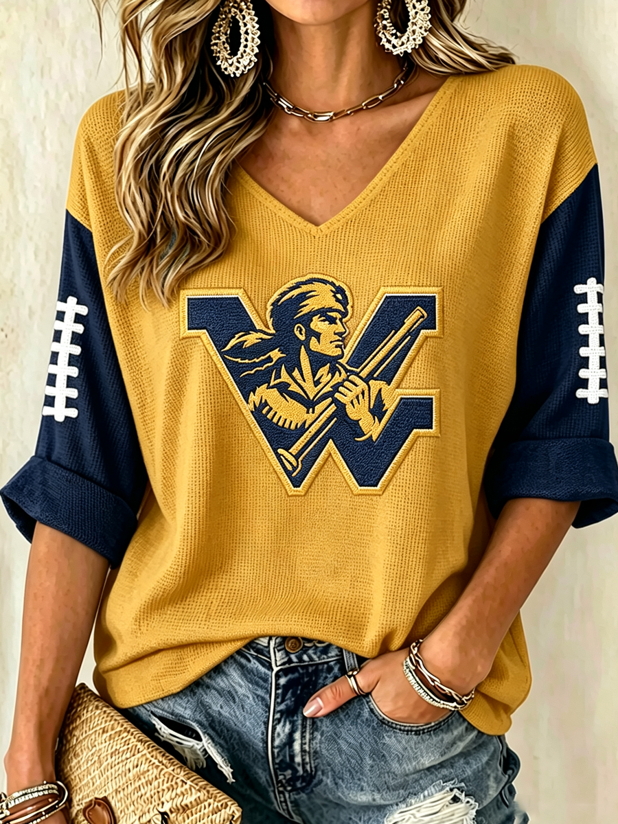 Women'S Football Print Waffle V-Neck Top