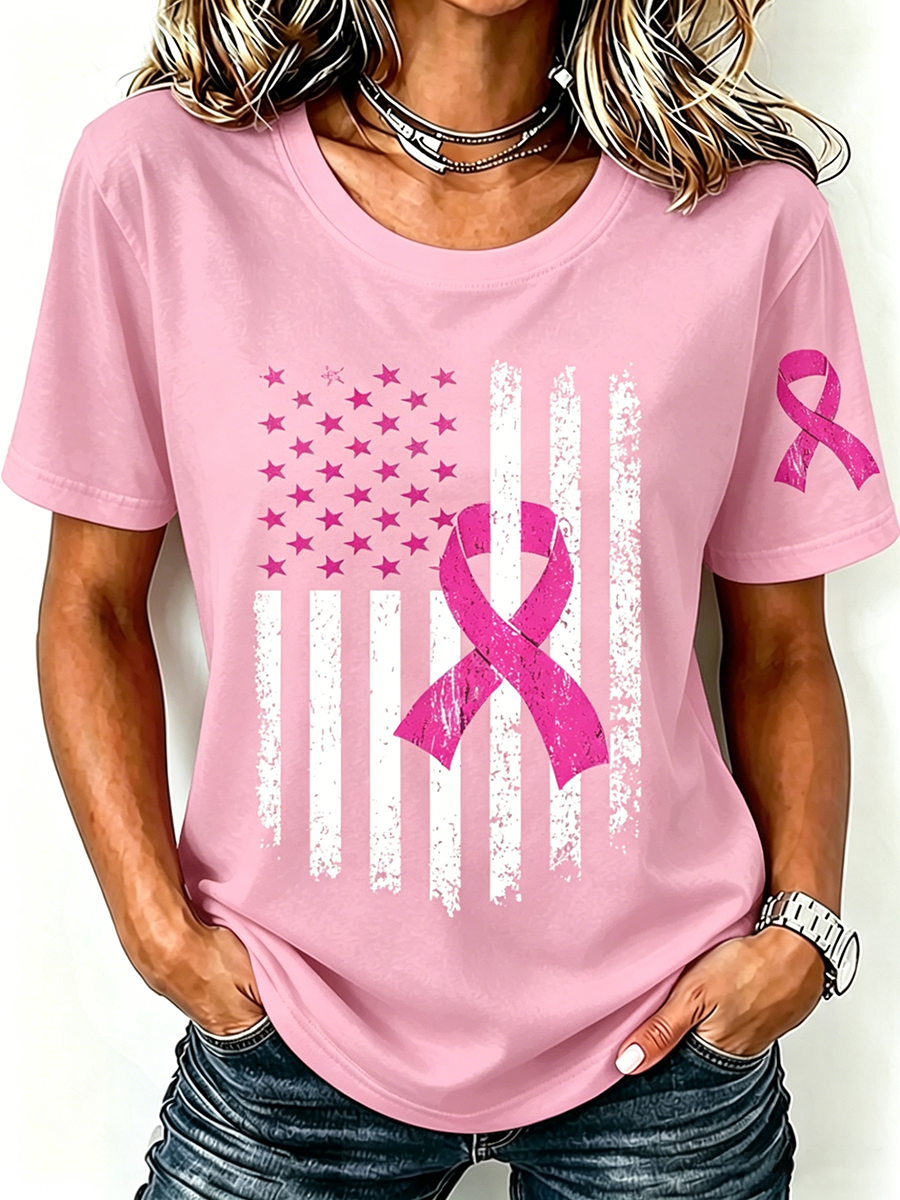 Pink Series Disease Health Awareness Public Welfare Printed Round Neck T-Shirt