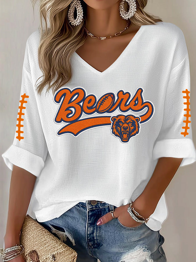 Women'S Rugby Printed Waffle Long Sleeve T-Shirt