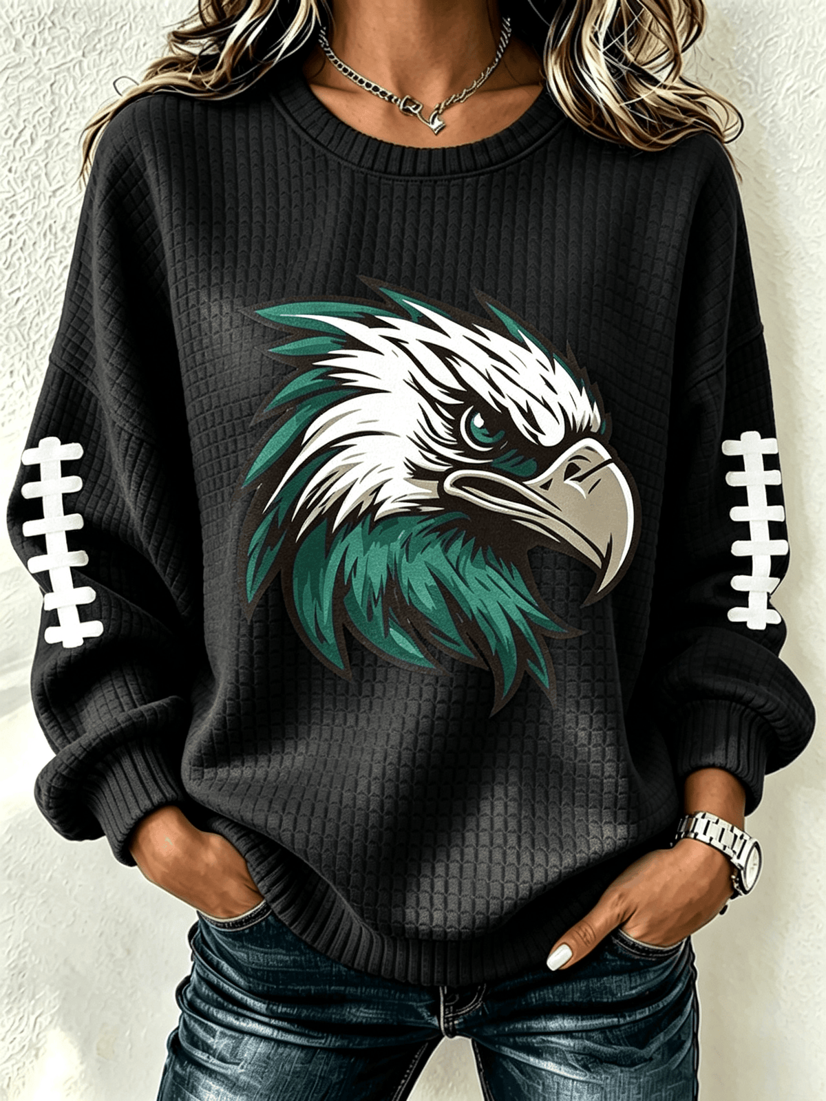 Women'S Casual Football Printed Round Neck Pullover
