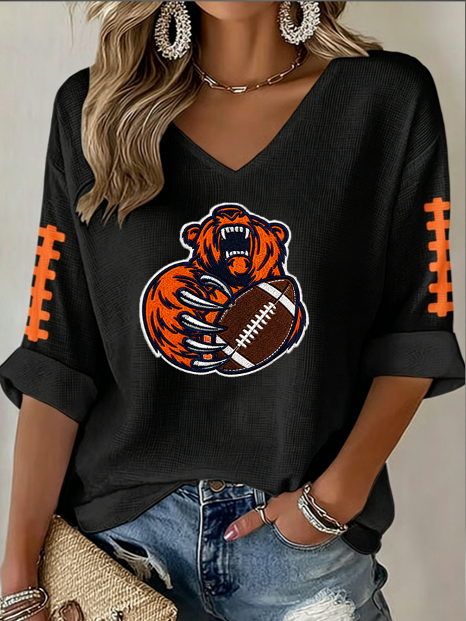 Women'S Rugby Printed Waffle Long Sleeve T-Shirt