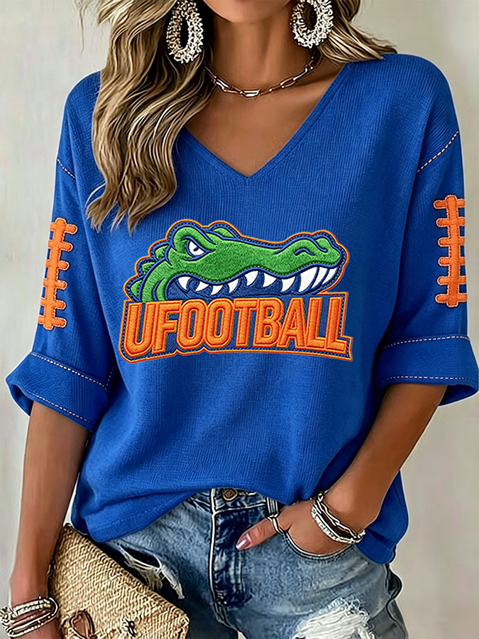 Women'S Rugby Patterned Waffle V-Neck Top