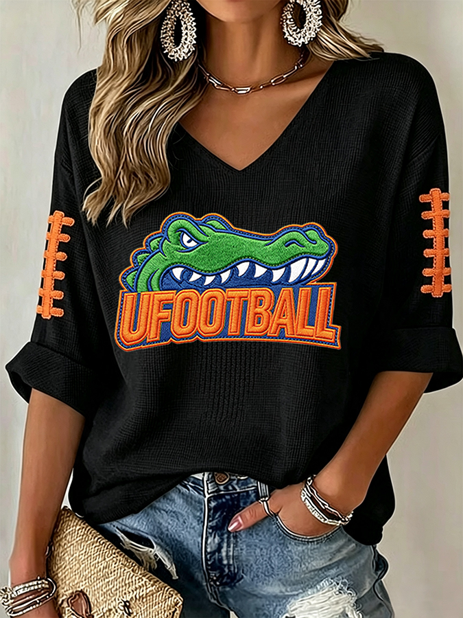 Women'S Rugby Patterned Waffle V-Neck Top