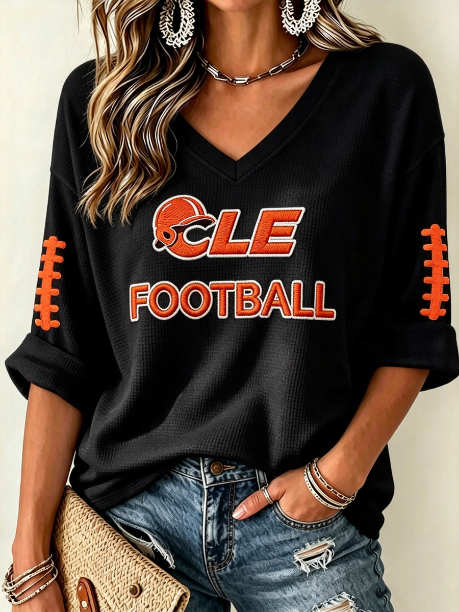 Women'S Rugby Patterned Waffle V-Neck Top