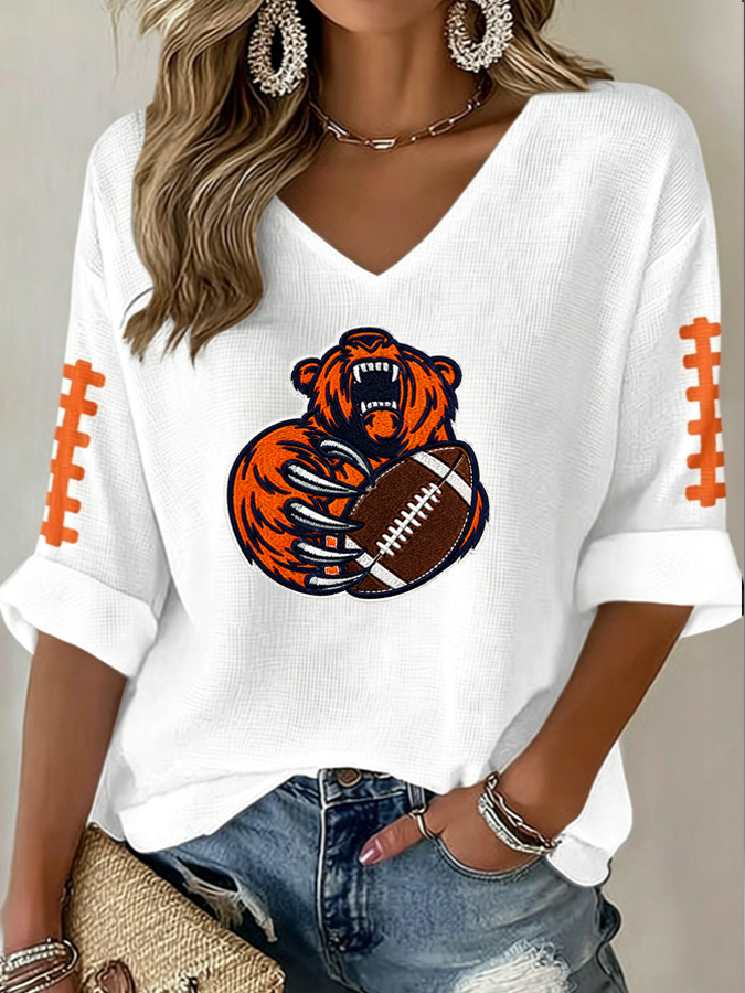 Women'S Rugby Printed Waffle Long Sleeve T-Shirt