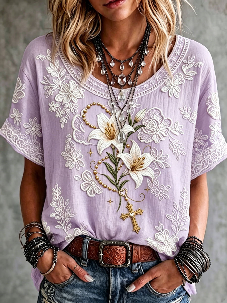 Women's Vintage Lily Flower Cross Art Print Short-sleeved T-shirt