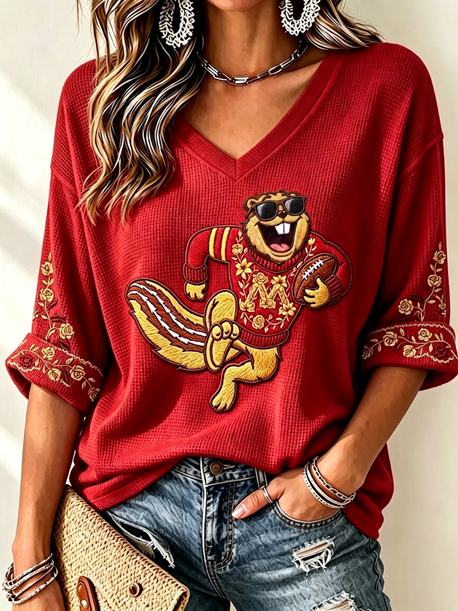 Women'S Rugby Patterned Waffle V-Neck Top