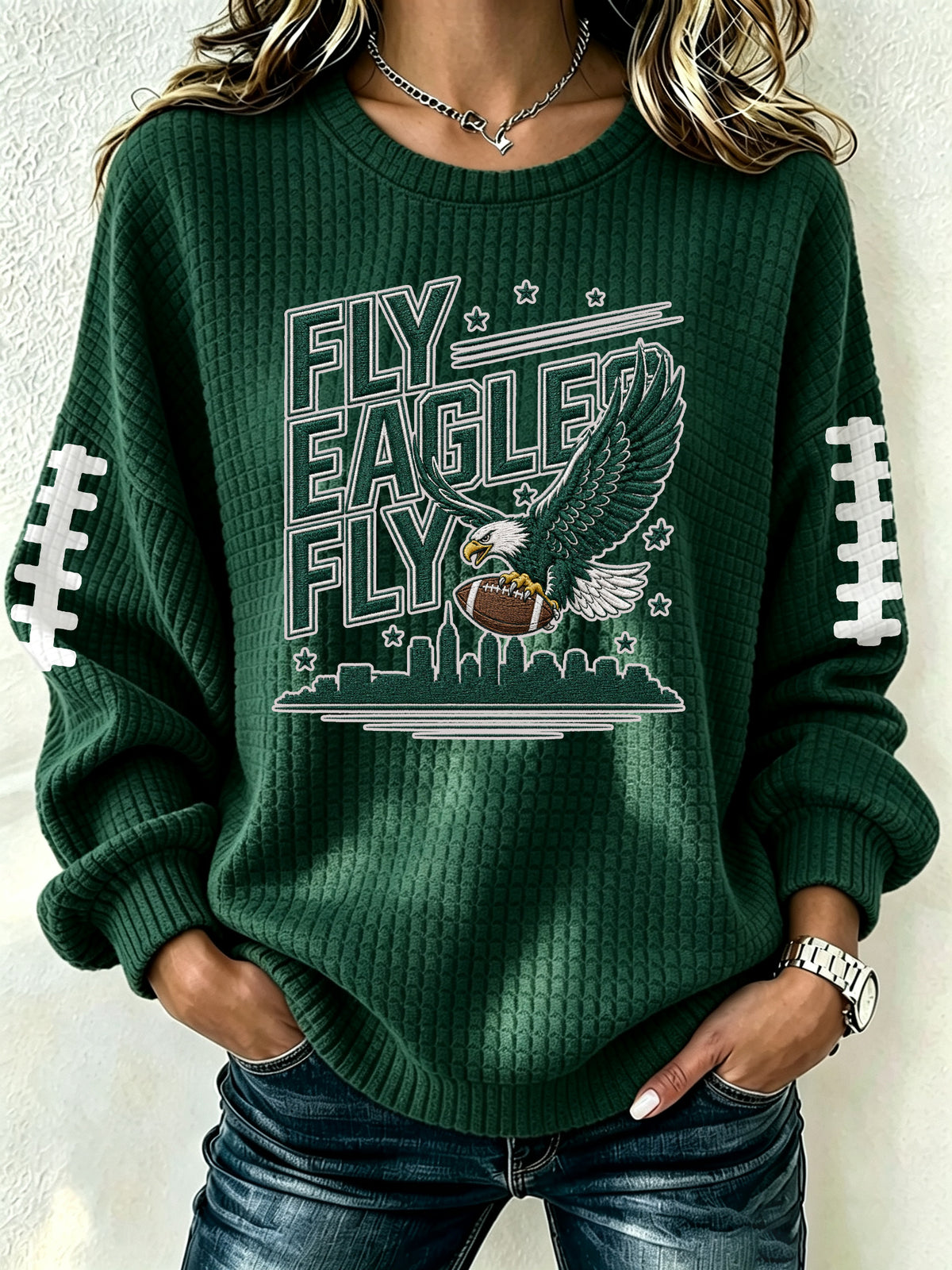 Women's football fan waffle long sleeved round neck sports shirt