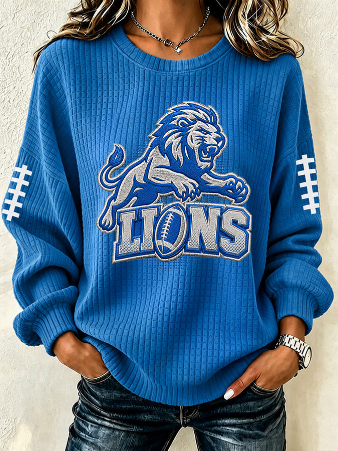 Women'S Football Print Waffle Long Sleeved Round Neck Sweatshirt
