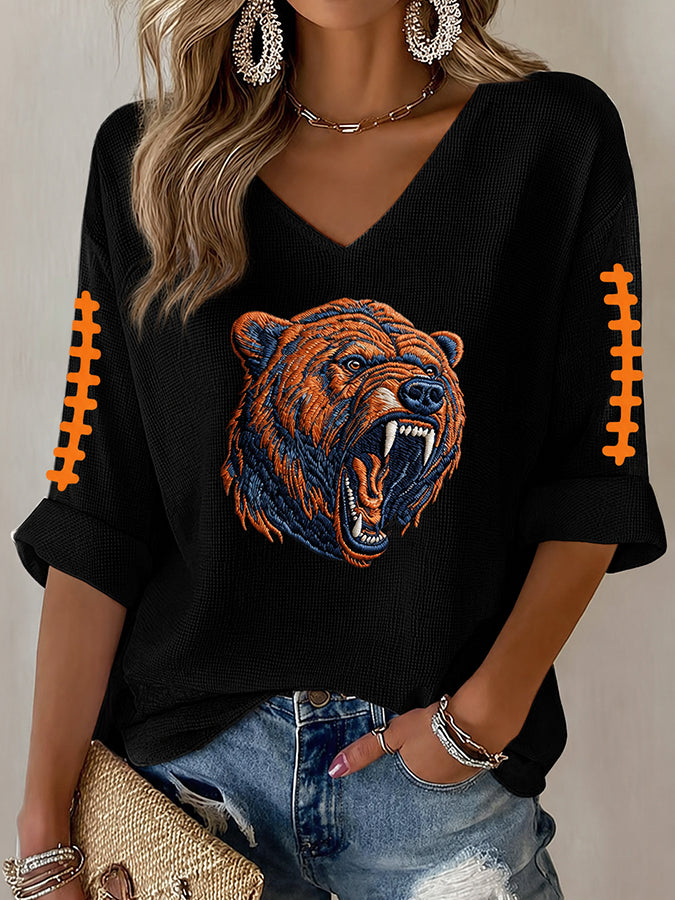 Women'S Rugby Printed Waffle Long Sleeve T-Shirt