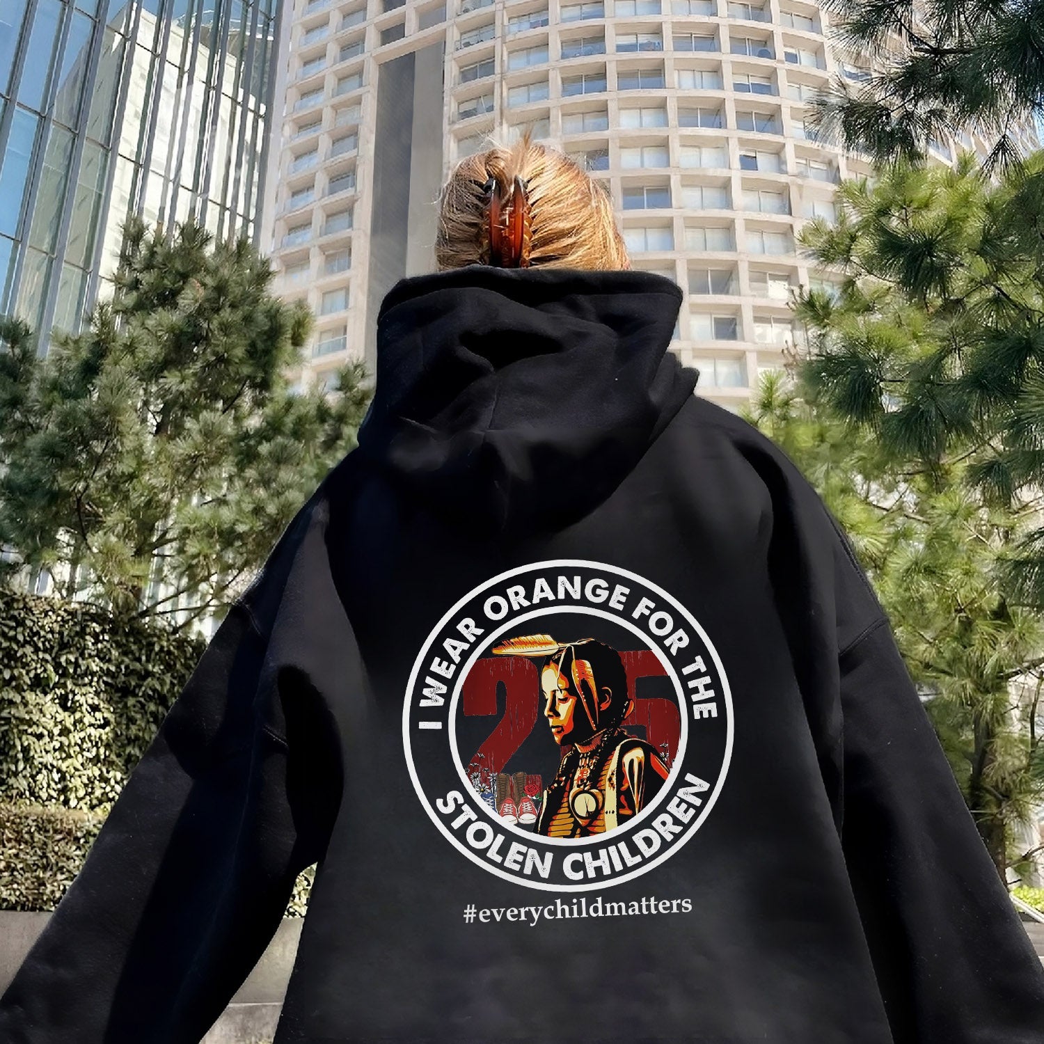 Every Child Matters Wearing 215 Stolen Children Circle For Orange Shirt Day Unisex Back T-shirt/Hoodie/Sweatshirt