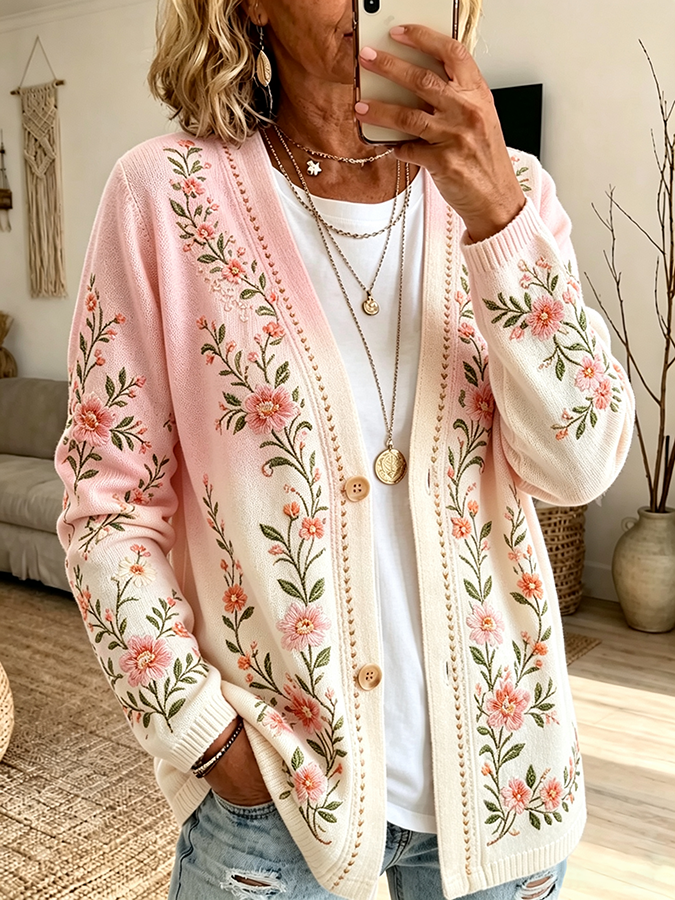 Women'S Casual Plant Flower Gradient Cardigan Top