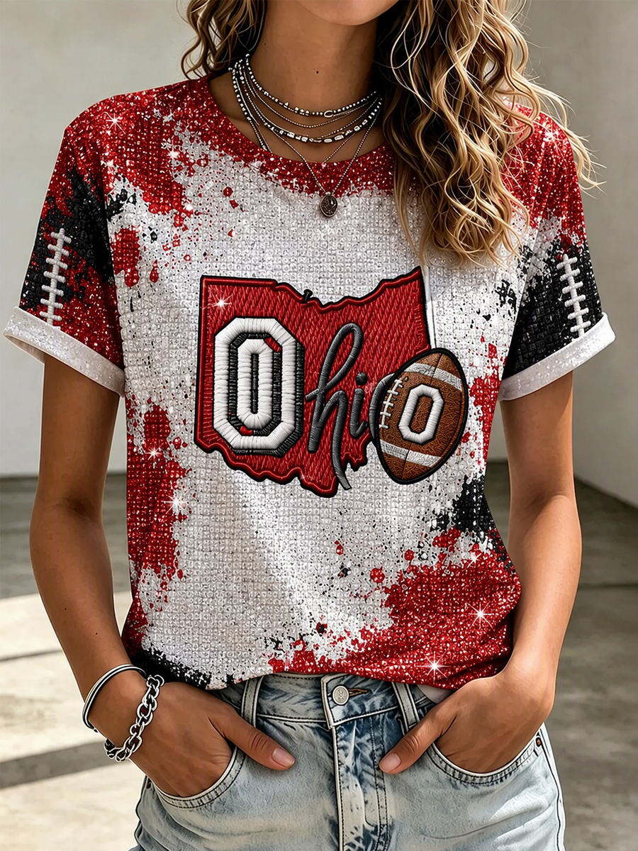 Ladies' College Football Glitter Printed Round Neck T-Shirt