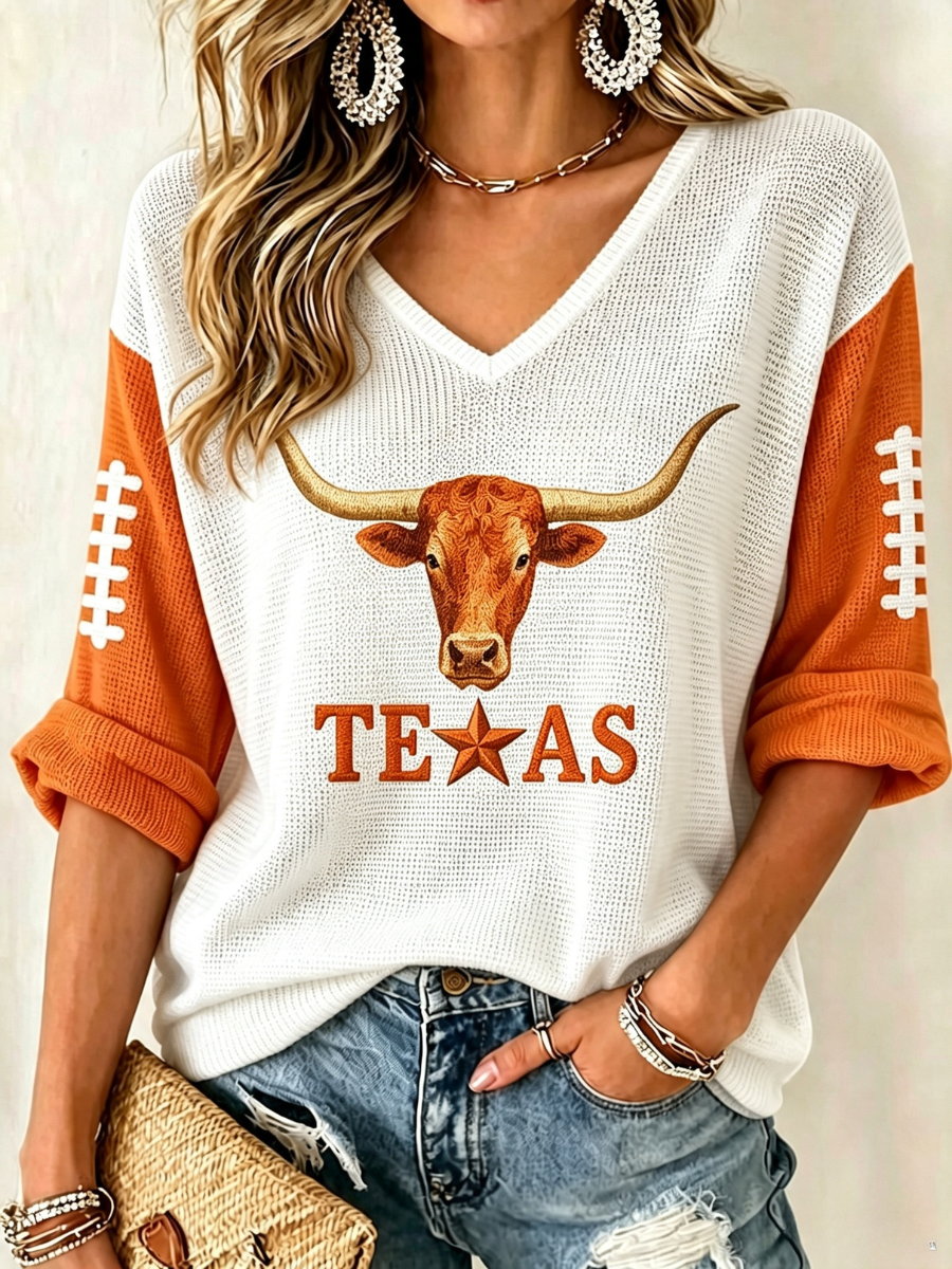 Women's College Rugby Printed Waffle V-Neck Top